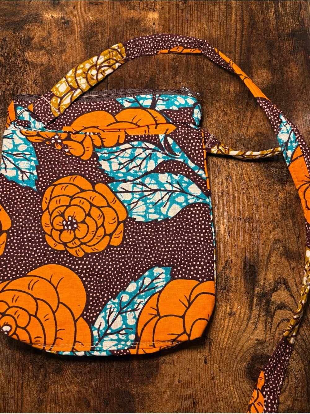 Orange Floral Crossbody Bag with Teal Leaves
